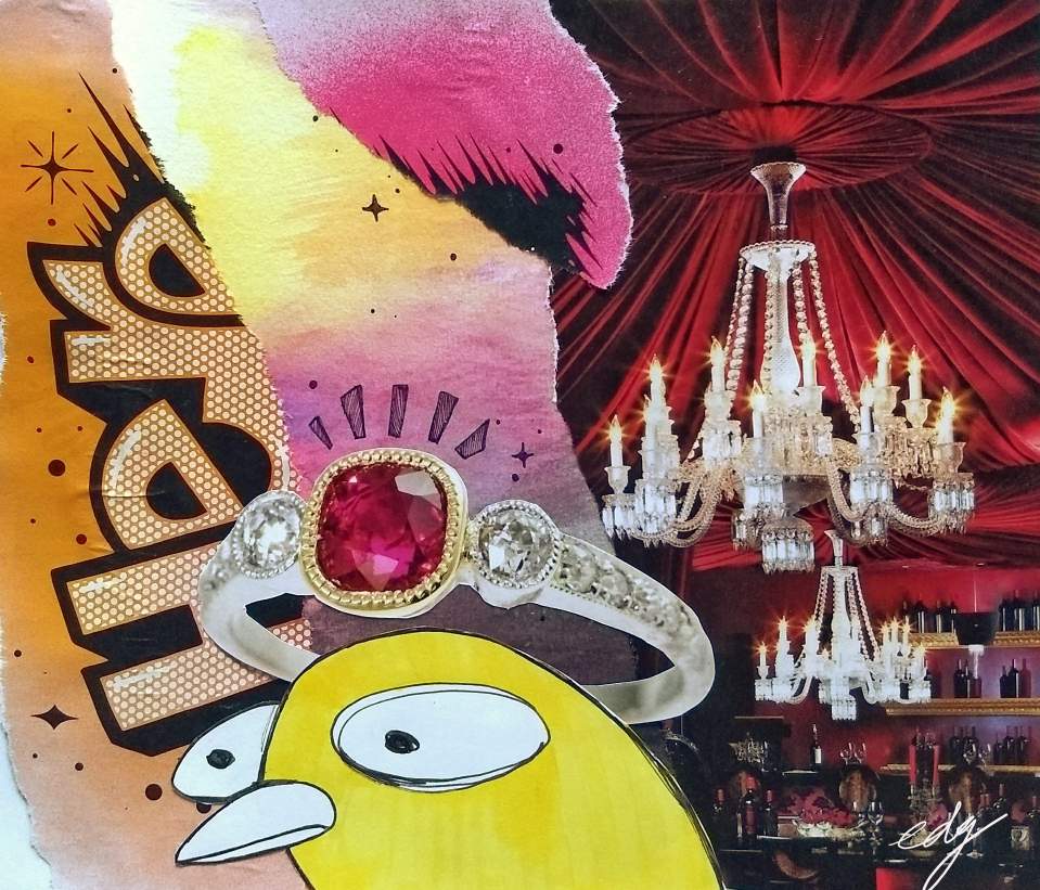 A collage of a bird with a crown hovering on its head. Various magazine clippings make up the background.